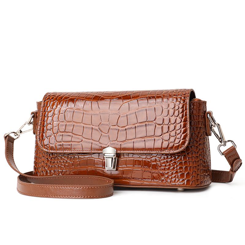 Aidrani Crocodile Pattern Brown Shoulder Bag Retro Flap Handbag with Metal Lock