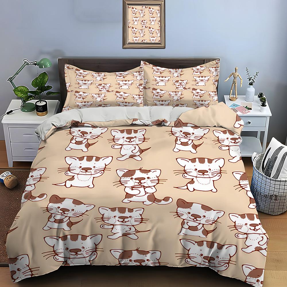 3PCS Cute Cartoon Cat Pattern Print Bedding Set 1 Duvet Cover 2 Pillowcases for Adult and Children Luxury Gift Full Size