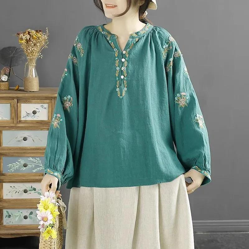 

Женская ретро-вышитая рубашка с V-образным вырезом из хлопка и льна - этнический стиль, свободный крой, универсальная для весны и осени XXL 135-150 lbs