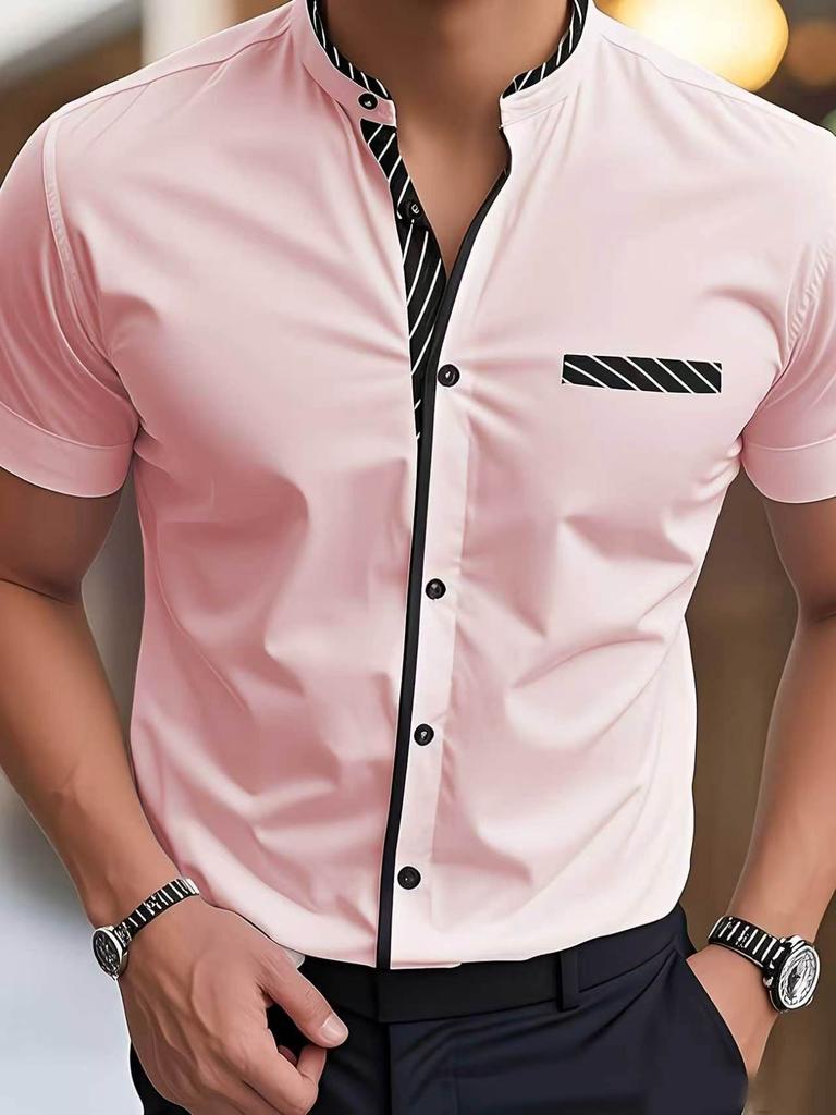 Camicia da uomo a maniche corte con colletto alla coreana, estiva, elasticizzata, a contrasto di colore, resistente alle pieghe, business casual, vestibilità slim