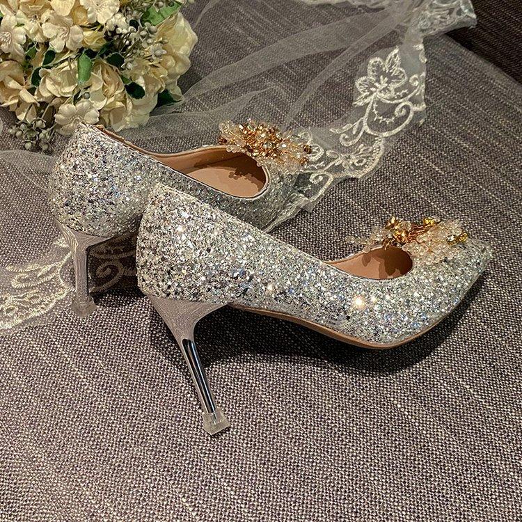 Champagne Gold Two in One Thin High-heeled Bridal Wedding Shoes Crystal Shoes Wedding Dress High Heels Women's Pumps
