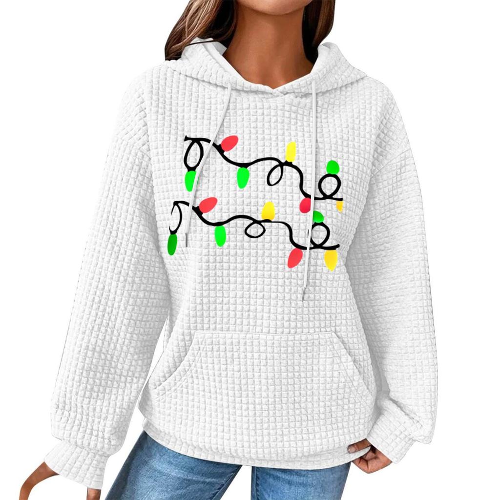 Women's Fashion Loose Hooded Pullover Long Sleeve Plaid Sweatshirt With Drawstring, Drop Shoulder, Pocket, Christmas Print Top