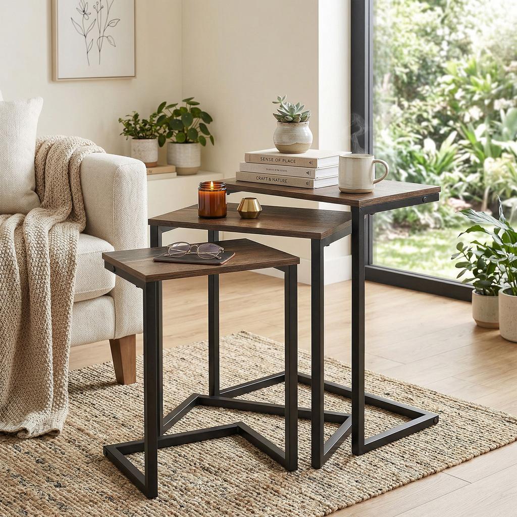 Nesting Side Tables Set of 3, C-Shaped Snack Side Tables with Steel Frame for Sofa Couch and Bed, Rustic Brown