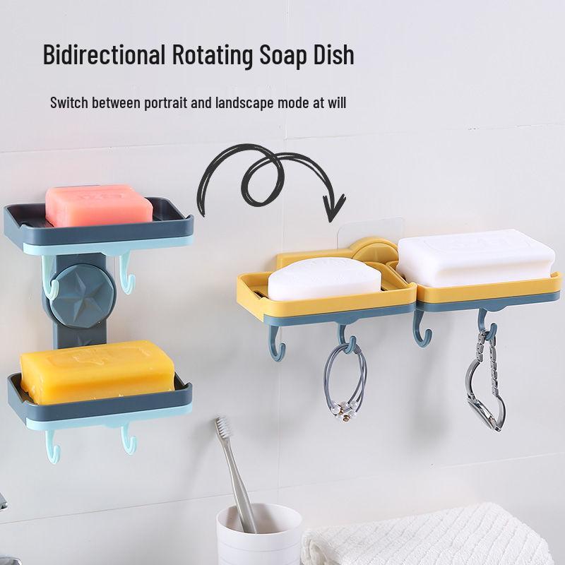 Punch-Free Wall-Mounted Soap Dish Rack with Hooks and Draining Shelf