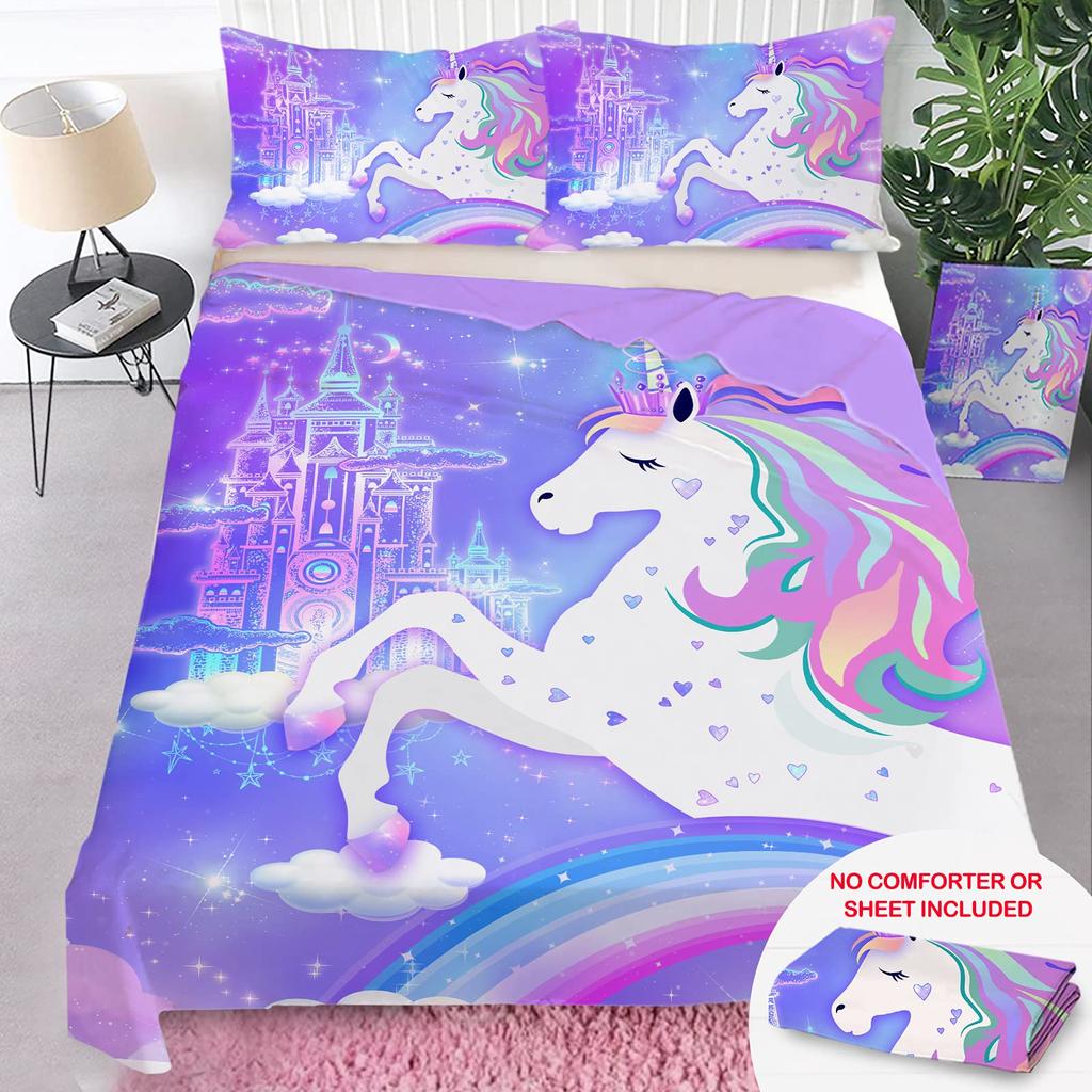 Unicorn Duvet Cover Set Purple Aqua Unicorn Bedding Set Full Size Rose Unicorn Flower Dreamy Cartoon Sparkle Lilac Bedspread