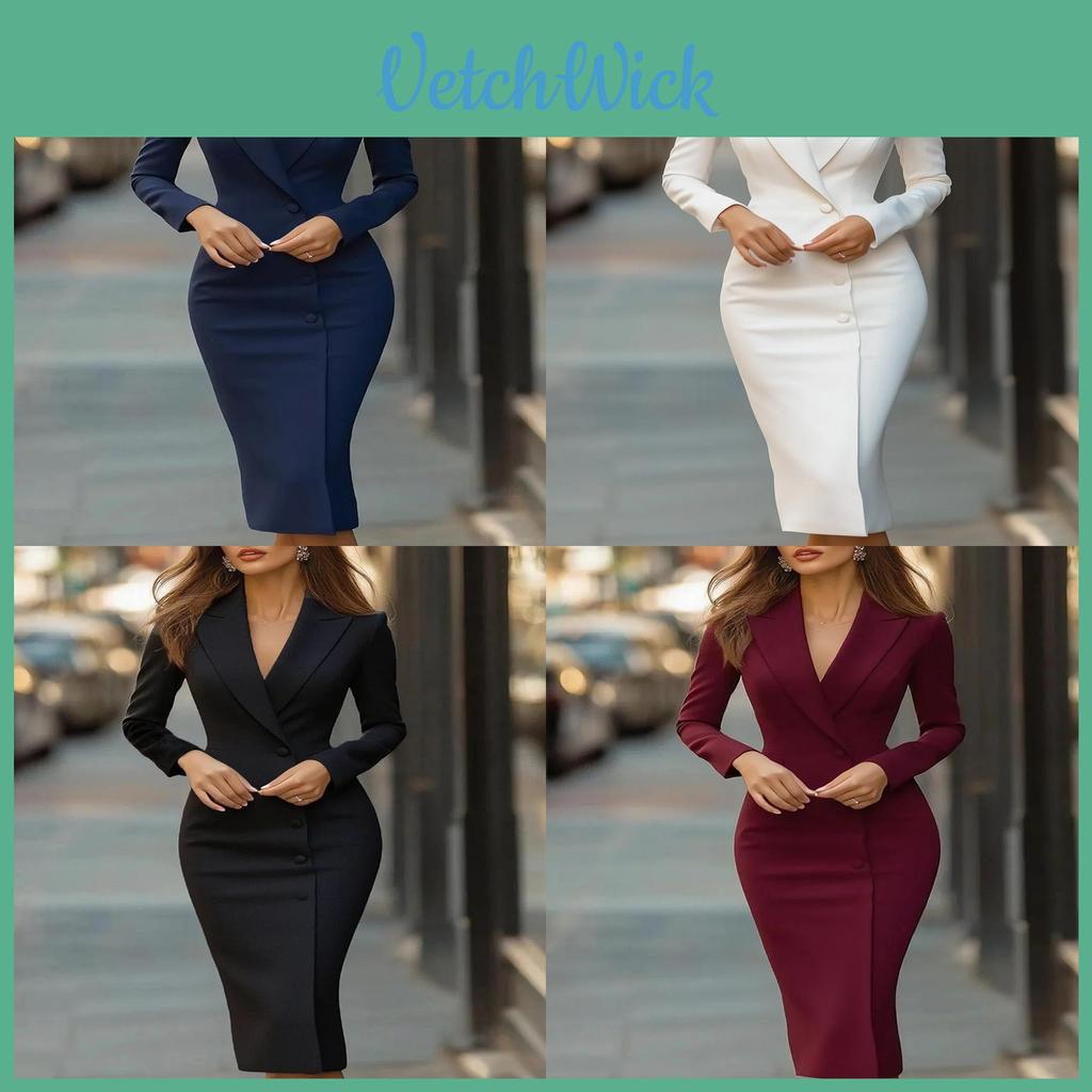 Urban Style Long Sleeve Solid Color Suit Dress With Singlebreasted Button Front For Office Wear