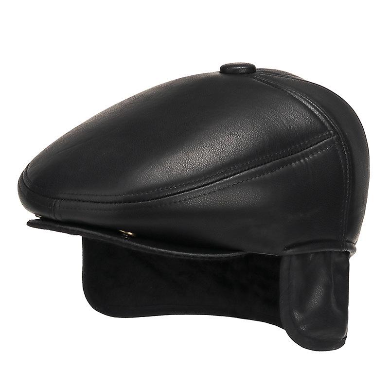 Men's Autumn-Winter Velvet-Lined PU Duckbill Cap with Ear Protection for Elderly