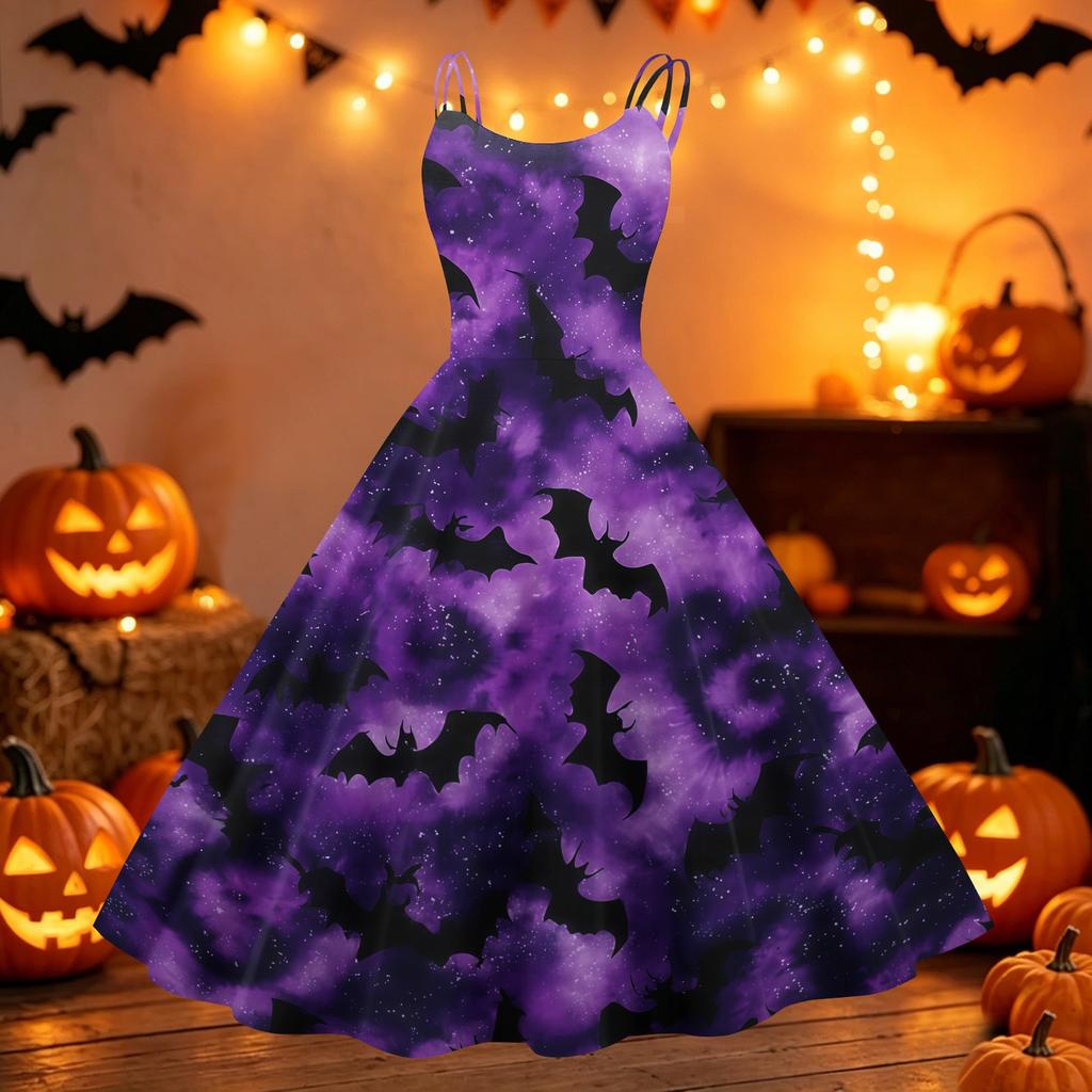 Womens Halloween Printed Off Shoulder Dress Vintage Punk Style Sleeveless Spaghetti Strap A Line Swing Dress with Flared Skirt for Party