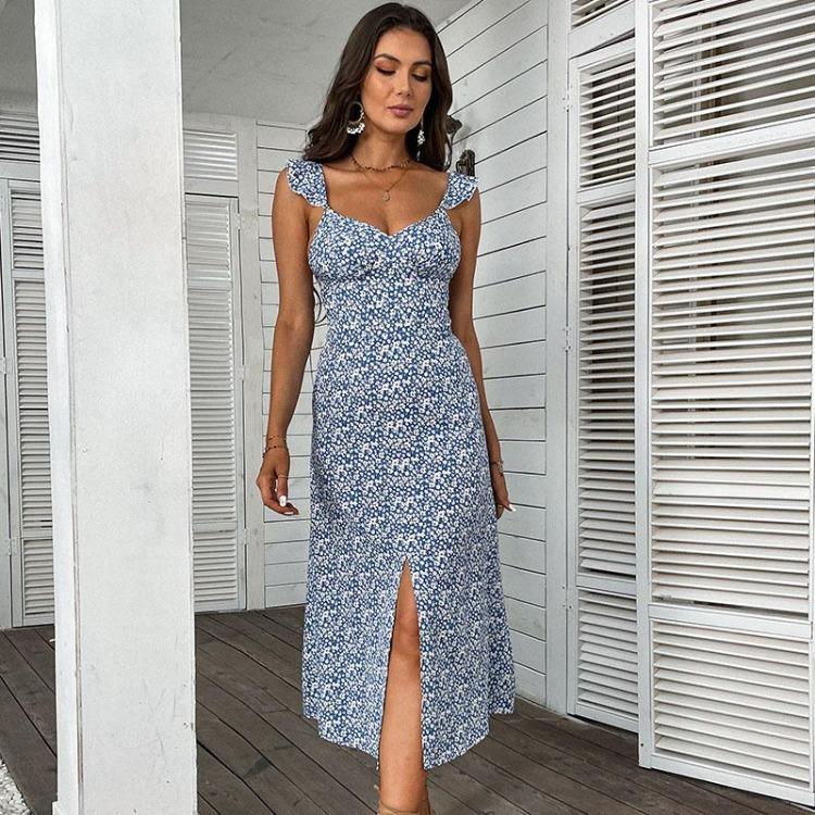 

Women Floral Sleeveless Halter Neck High Waist A Line Summer Blue Maxi Split Sling Dress Sizes S XL XL синій