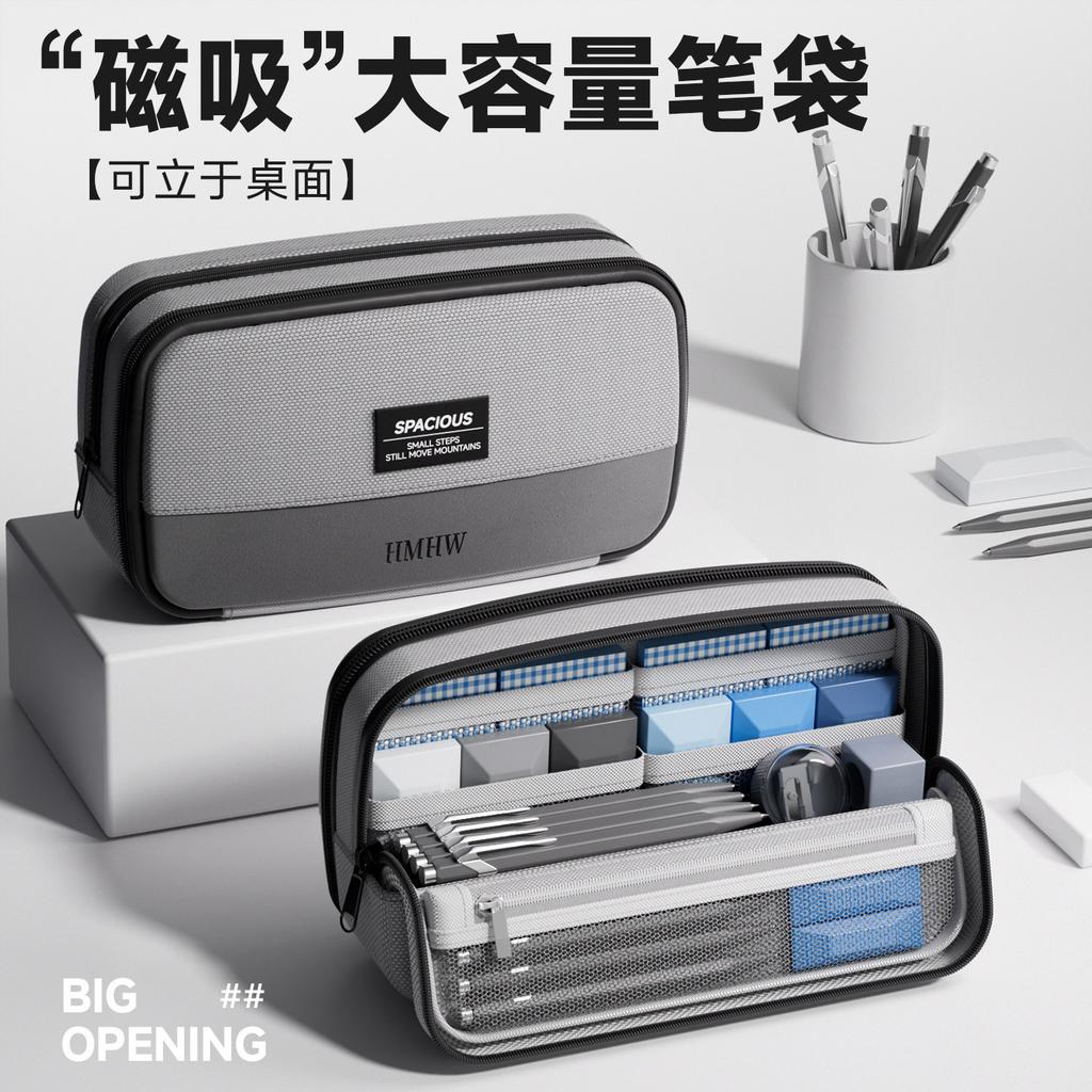 Magnetic Pencil Case Minimalist Large Capacity Stationery Bag Silent Closure High School College Students Supplies