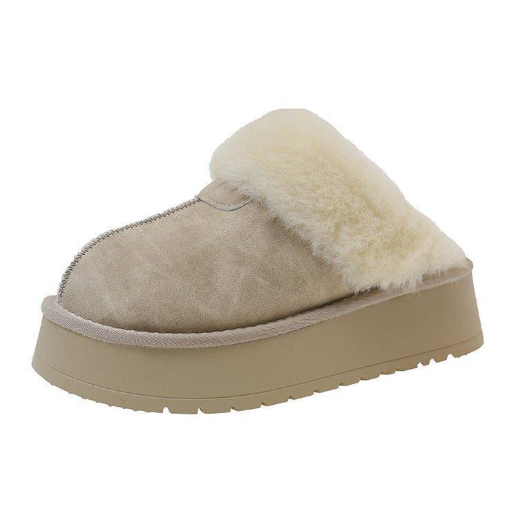 2025 new snow boots women's winter fur integrated wool mouth velvet thick bottom warm outer wear bag head half slippers