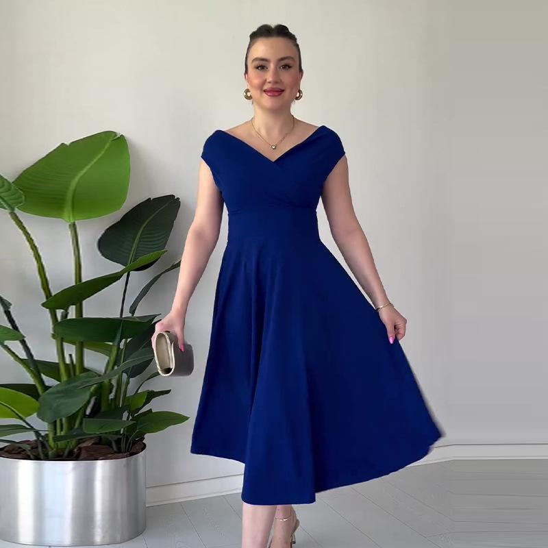 

2024 European & American Hepburn-Style Solid V-Neck Waist-Cinching Dress XXXL синий