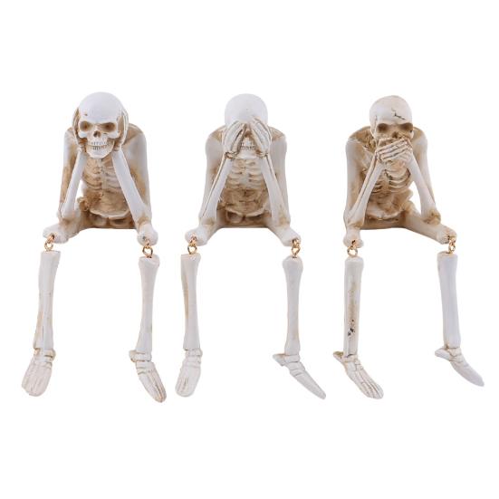 Halloween Skeleton Statue Resin See Speak Hear No Evil Skeleton Figurine with Dangling Legs for Indoor Mantel Table Shelf Decor
