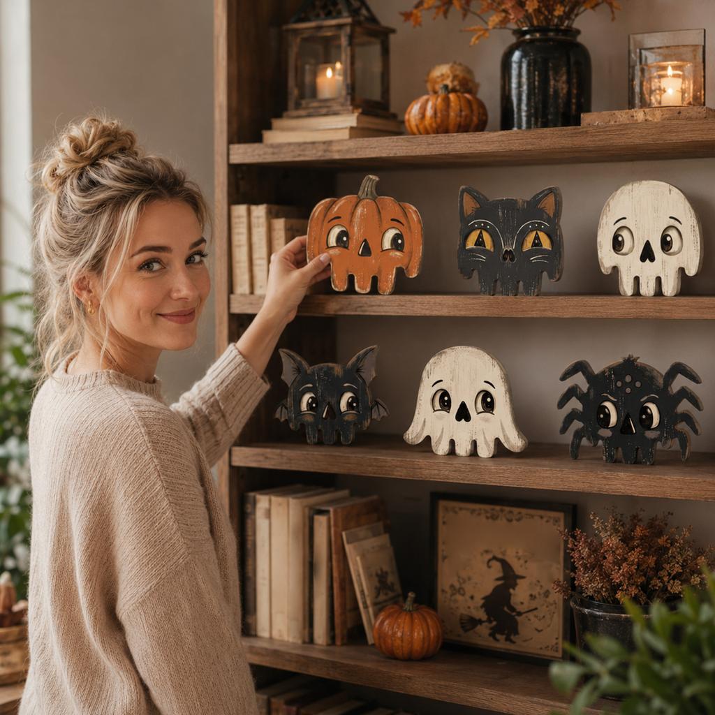 Halloween Wooden Decor, 2D Vintage Distressed Set of 6 for Shelf Mantel Tabletop