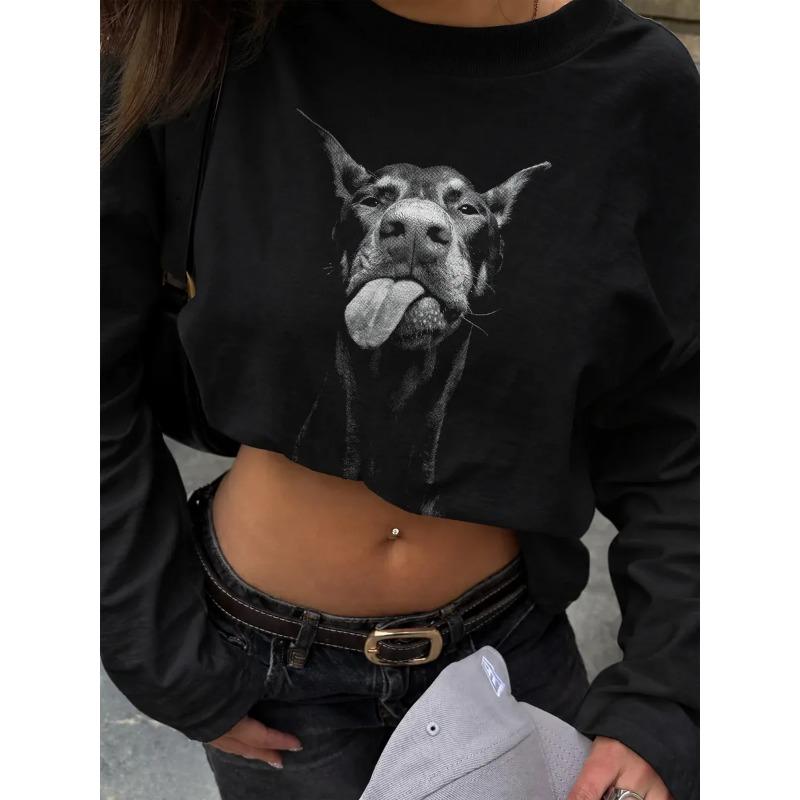 Black "Dobermann" Long Sleeve Shirt, Trendy Animal Graphic Top