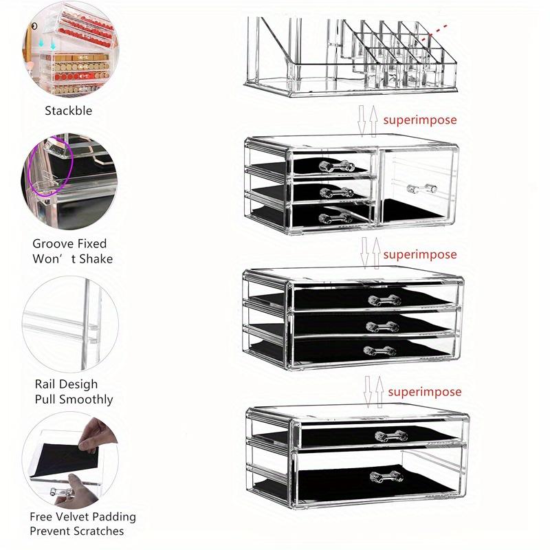 4pcs-1set Cosmetics Plastic Storage Box with Multiple Grids&9 drawers,Stackable Large Capacity Transparent Cosmetics Skincare Display Box.