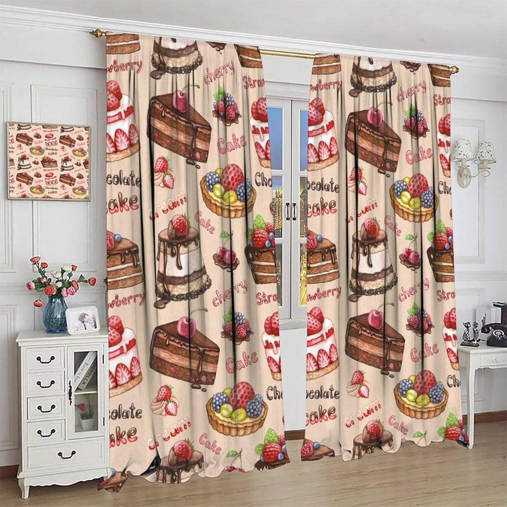 Coffee Cake Fruit Dessert Curtain, Coffee Shop Bakery Inspired Tasty Cupcake Pattern Rod Pocket Window Treatments for Bedroom
