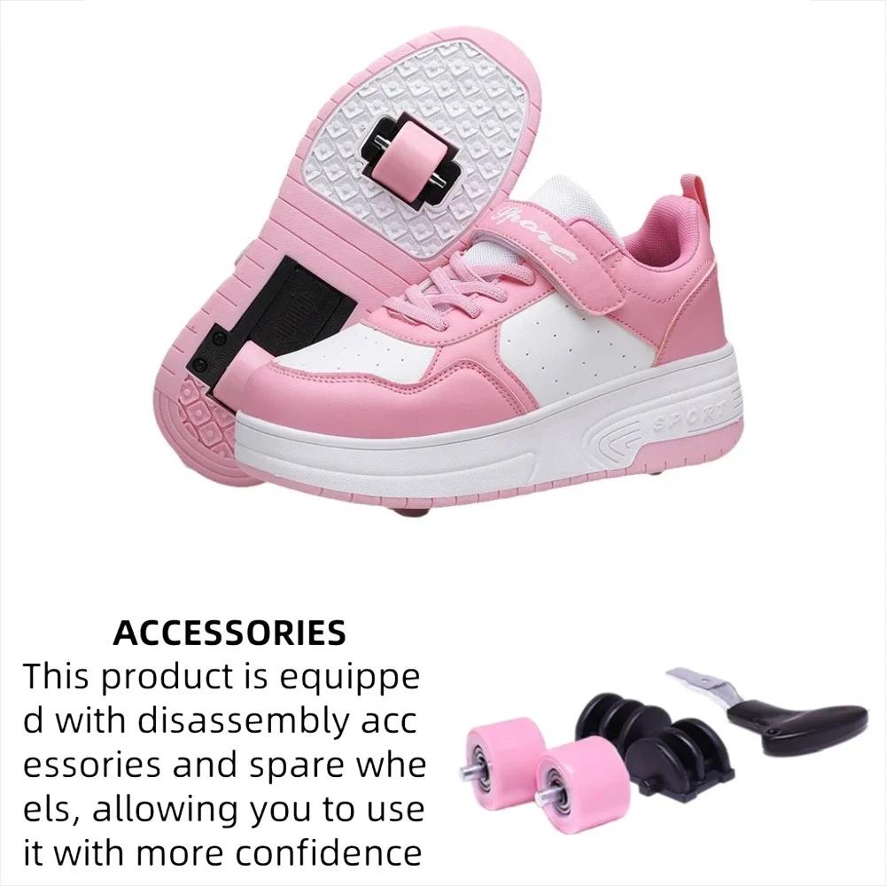 Magic Roller Skates Dual Wheel Slip-on Roller Skating Shoes 2025 New Spring Autumn Leather Surface Sports Shoes For Women Kids