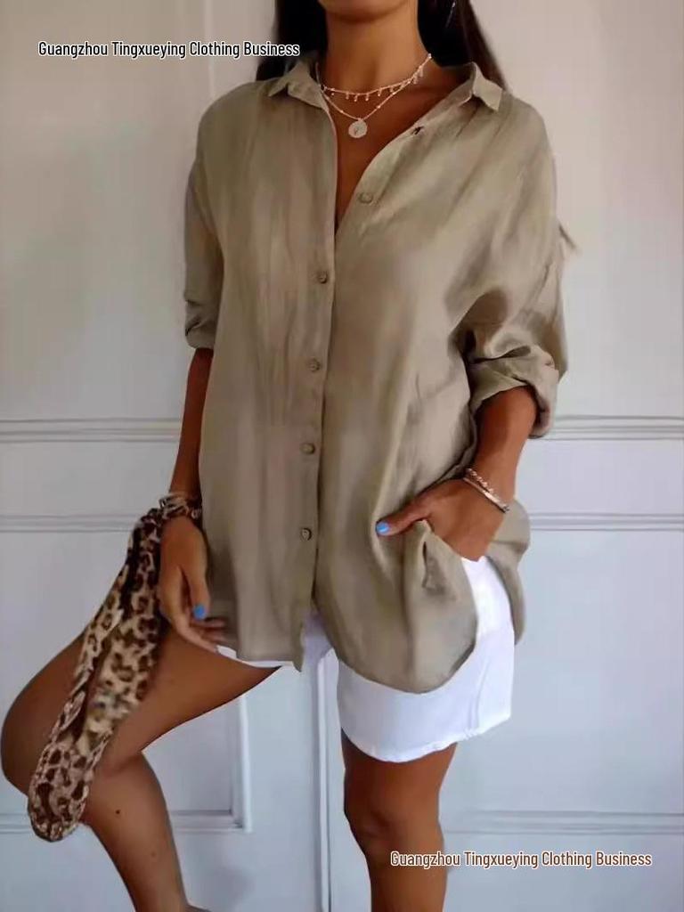 Women's Solid Color Single-Breasted Pleated Lapel Shirt with Roll-Up Sleeves - European & American Style
