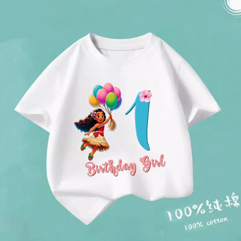 Moana 2 Cartoon Pattern Numbers Girls Cute T-shirts Kids Birthday Party Clothes 1-9 Print Child Tee Fashion Summer T Shirt Gifts