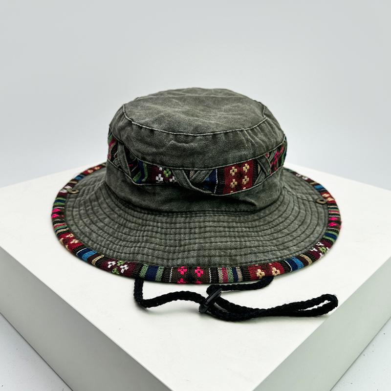 

New Unisex Retro Travel Drawstring Bucket Hats Sunshade Outdoor Breathable Ethnic Style Versatile Alpine Caps Casual Fashion Ins 56-58cm