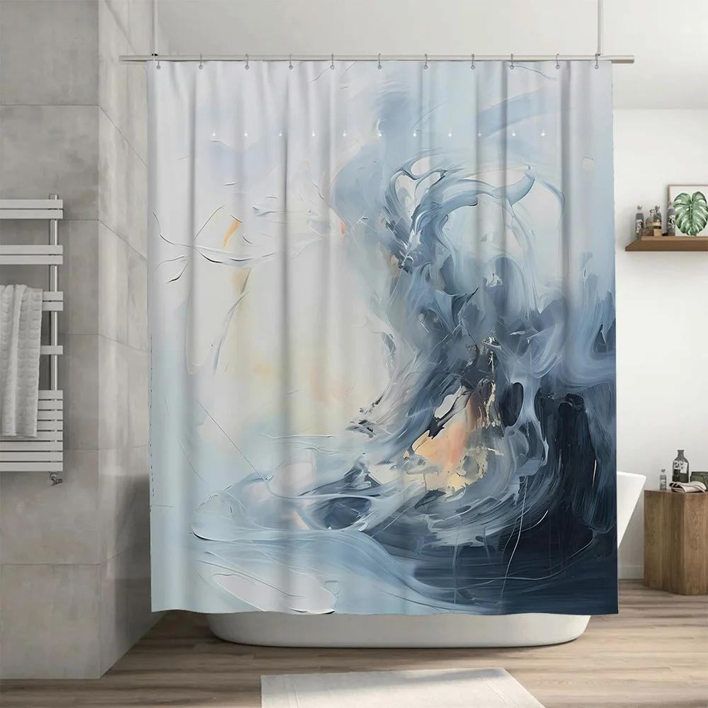 Abstract Blue White Shower Curtain With Modern Art Design For Bathroom Decor Waterproof Fabric Shampoo Gel Bath Mat Perfect Gift