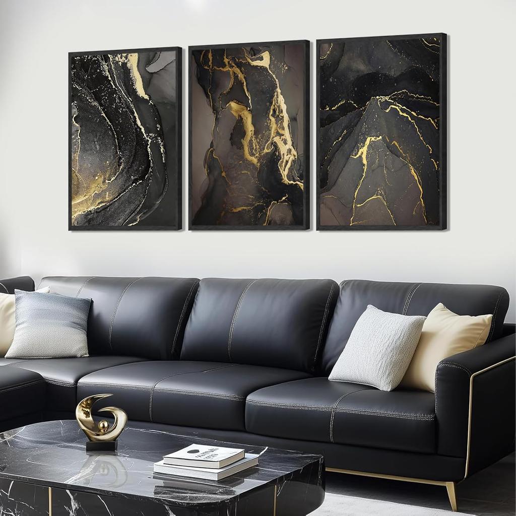 Kyiyhzp 3Pcs Abstract Black Gold Wall Art Modern Minimalist Wall Decor Prints Black gold grey pictures Marble painting artwork for Living Room