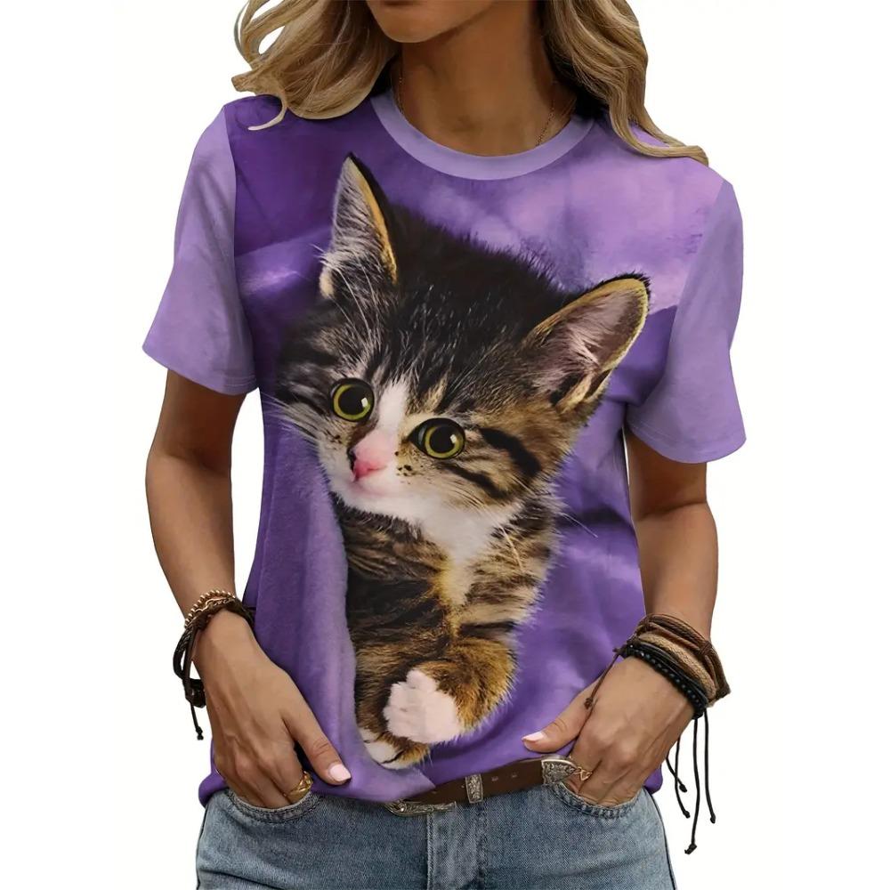 Cute Cartoon Cat Pattern For Women Funny Animal 3D Printed Short Sleeves Summer Oversized O-Neck Tops