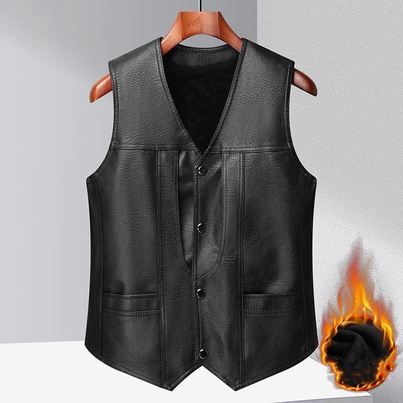 

Мужской зимний толстый теплый флисовый жилет-пальто из ПУ кожи, мужской однобортный с V-образным вырезом, повседневная одежда 4XL