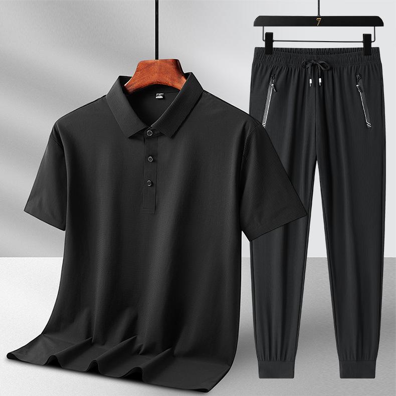 Men's Summer Ice Silk Two-Piece Set: Short Sleeve Top & Long Pants - Casual Sportswear for Father's Day Gift
