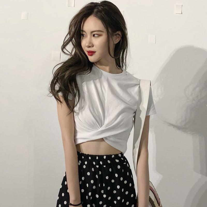 Women Casual O Neck Short Sleeve T-Shirt Summer Solid Crisscross T Shirt Top