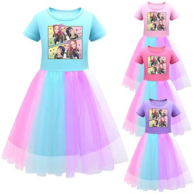 Kids Girls Hunters Rumi Mira Zoey Stage Print Mesh Rainbow Round Neck Short Sleeves Casual Cotton Dress