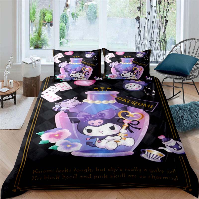 3D Printed Kuromi Cartoon Three-piece Bedding Set, Duvet Cover Set, Includes Pillowcases, No Filling.