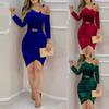 Autumn Solid Color Diagonal Neck Slim Velvet Buckle Dress Women's Clothing