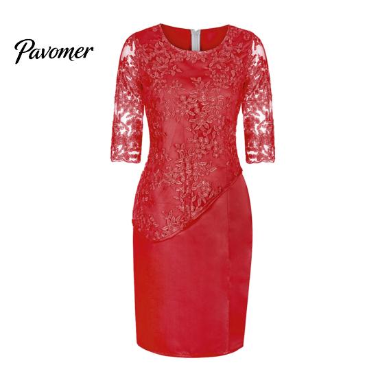Plus Size Party Sheer Half Sleeve Floral Lace Layered Mother of Bride Midi Dress