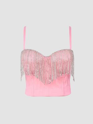 Luqiu Guo Women's Strapless 2025 Slim Fit Tassel Beaded Rhinestone Corset Top