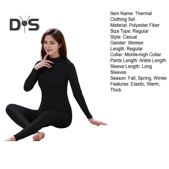 2 Pcs/Set Winter Women Thermal Underwear Set Middle-high Collar Long Sleeve Warm Thick Plush Slim Fit Elastic Lady Cold Weather Pajamas Set Homewear
