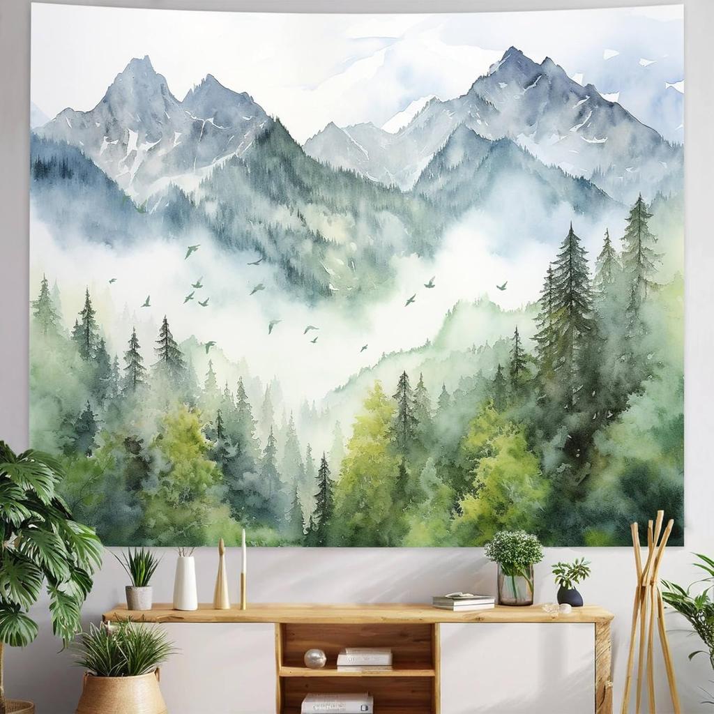 Atrippy Forest Nature Tapestry for Bedroom, Green Misty Foggy Mountain Sage Trees Wall Tapestry