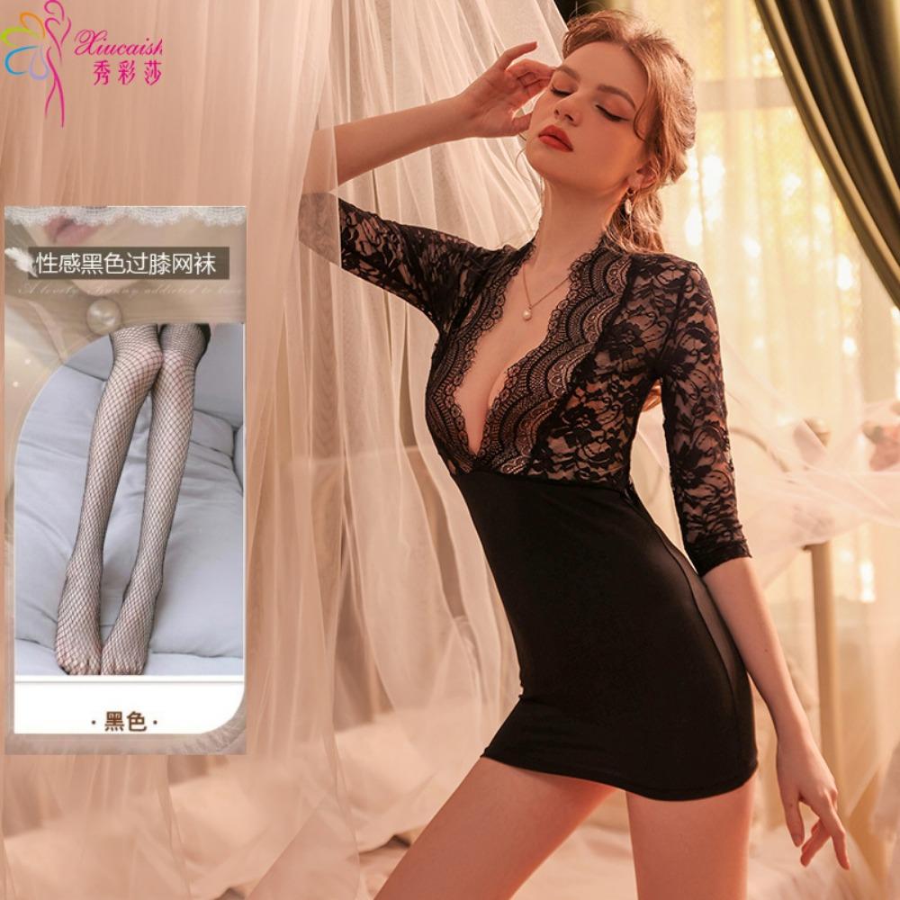 Sexy Underwear Private Room Temptation Secretary Uniform Autumn and Winter Short-sleeved Hip-wrapped Nightdress Casual Home Suit Pajamas Qqny