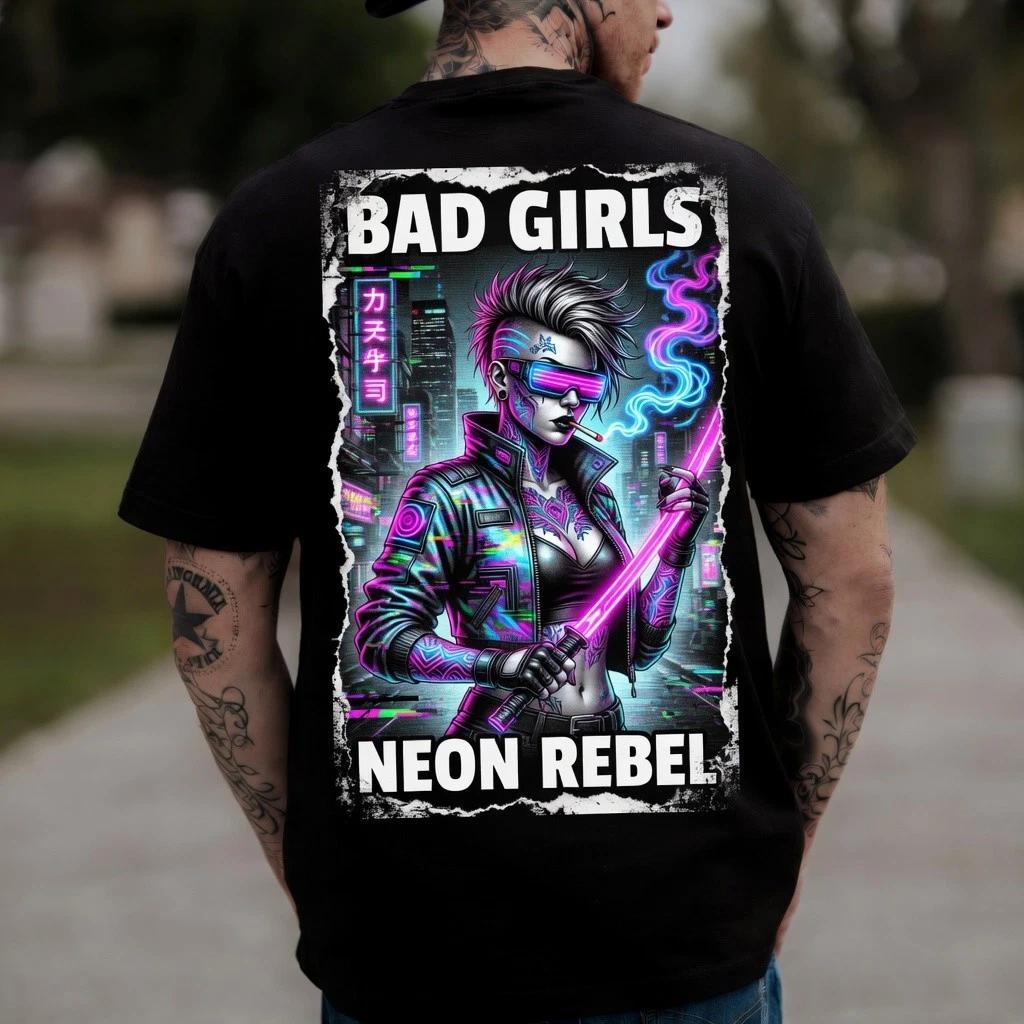 Bad Girls Neon Rebel Black Graphic T-Shirt Cyberpunk Tattoo Edgy Tee XXXXL