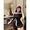 Kumikumi Pure Desire Style Letter Embroidery off-Shoulder Long sleeve Knit Women Autumn Waist Hugging Slimming Versatile Top