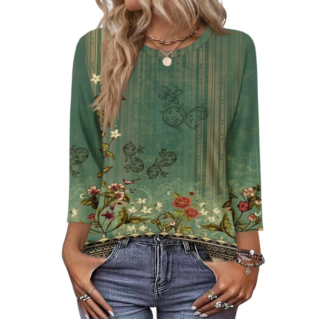 343/4 Sleeve Shirts For Women Cute Print Graphic Tees Blouses Casual Plus Size Basic Tops Pullover
