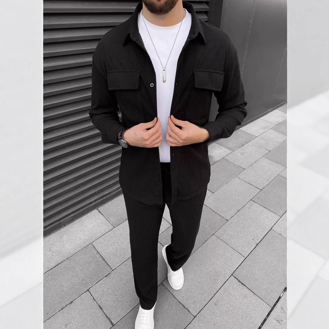 Mens Casual Corduroy Long Sleeve Jacket And Long Pants Two Piece Set S чёрный