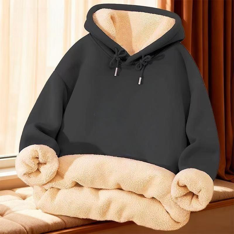 Men's Lambswool Hooded Sweatshirt, Plus Velvet, Warm and Loose for Autumn/Winter.