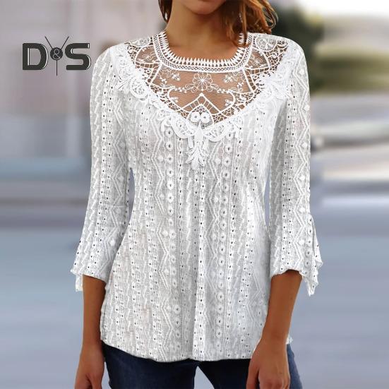 

Женский осенний топ из кружева, однотонный, с вырезом, прозрачный, рукав три четверти, свободный подол, вышитый цветами, лоскутная круглая горловина, женская осенняя блузка XL белый