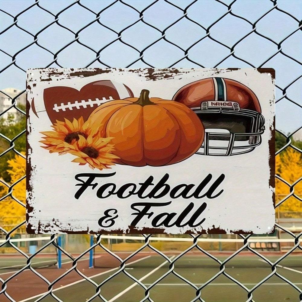 Vintage Metal Tin Sign 8x12, Football Helmet Pumpkin Sunflower Wall Decor, Rustic Fall Print