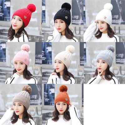 Winter Lady Fashion Thicken Beanie Knitting Wool Ball Solid Color Warm Hat Bonnet