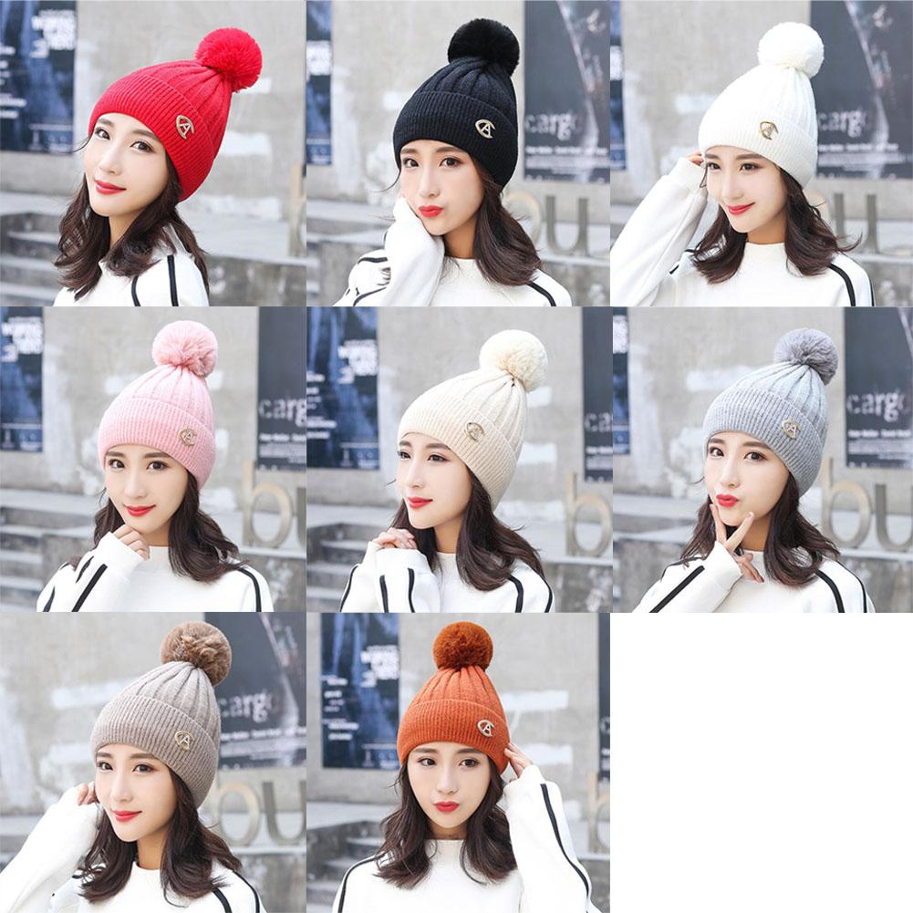 Winter Lady Fashion Thicken Beanie Knitting Wool Ball Solid Color Warm Hat Bonnet