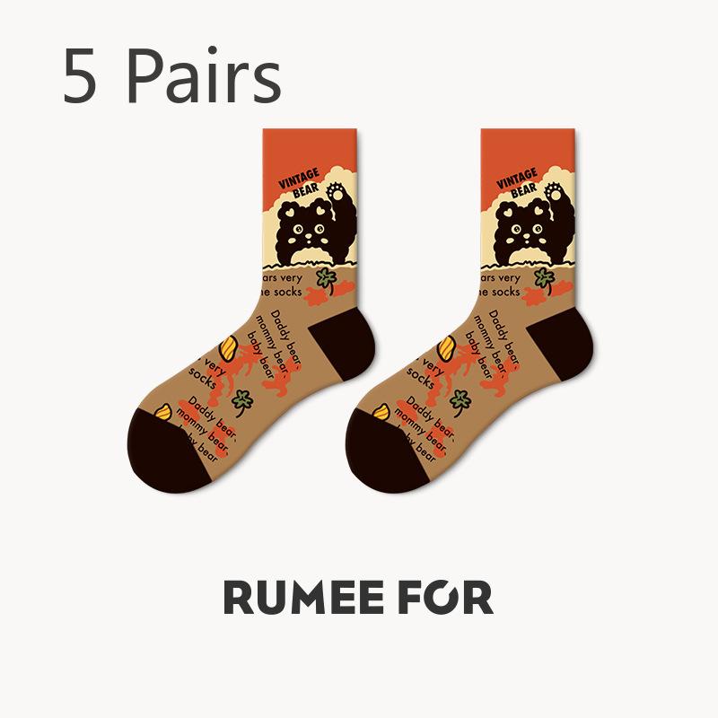 5 Pairs of Women's Spring and Autumn Retro Fashion Non Slip Tube Socks