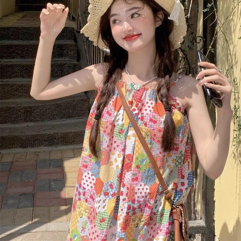 Summer New Sweet Mori Pastoral Suspender Dress Women's Summer Dopamine Design Skirt